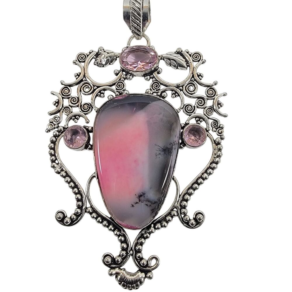 Handmade Silver Pendant – Rhodonite & Rose Quartz + 20" Silver Snake Chain